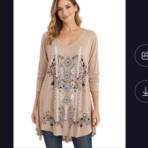 Vocal High-Low Tunic Blouse Size L Tan Beaded Rayon